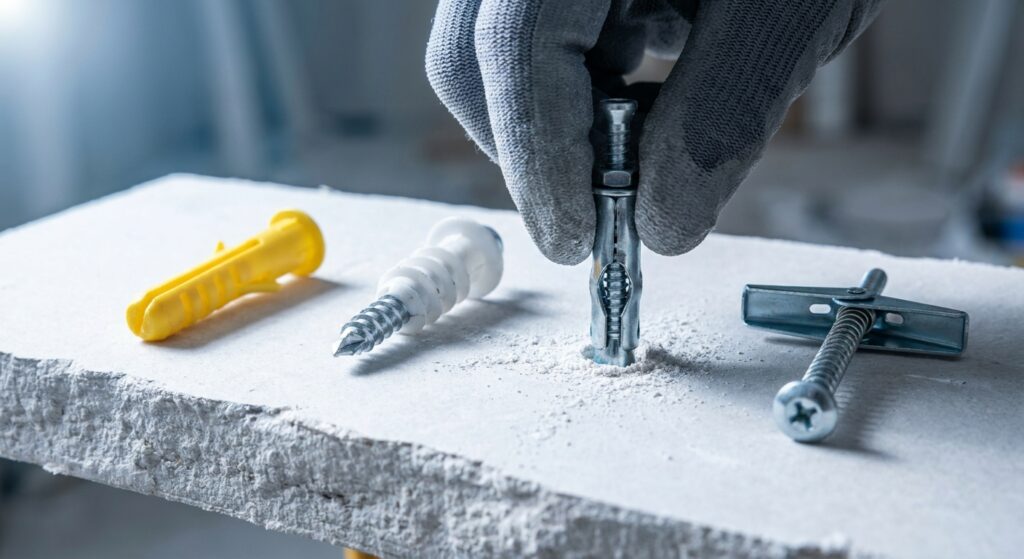 Vier Dübelarten für Gipskarton nebeneinander, ein Hohlraumdübel wird in die Platte gesetzt