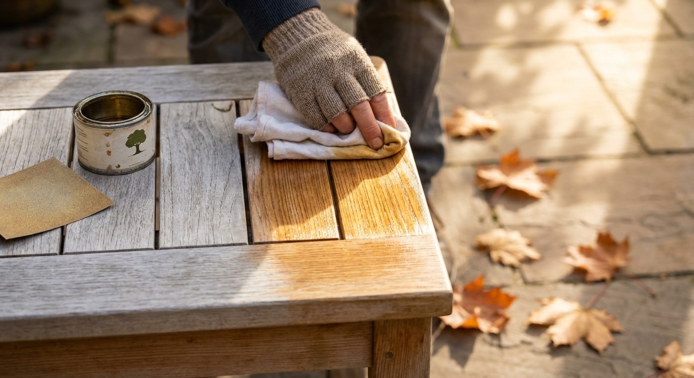 Hand ölt einen gereinigten Gartentisch aus Lärchenholz mit einem Tuch, bevor die Gartenmöbel eingelagert werden