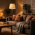 Wohnzimmer am Abend mit taupefarbenem Sofa und Terrakottakissen, beleuchtet von warmem Licht einer Steh- und Tischlampe auf Eichenholz.