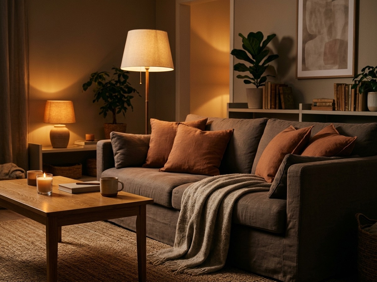Wohnzimmer am Abend mit taupefarbenem Sofa und Terrakottakissen, beleuchtet von warmem Licht einer Steh- und Tischlampe auf Eichenholz.