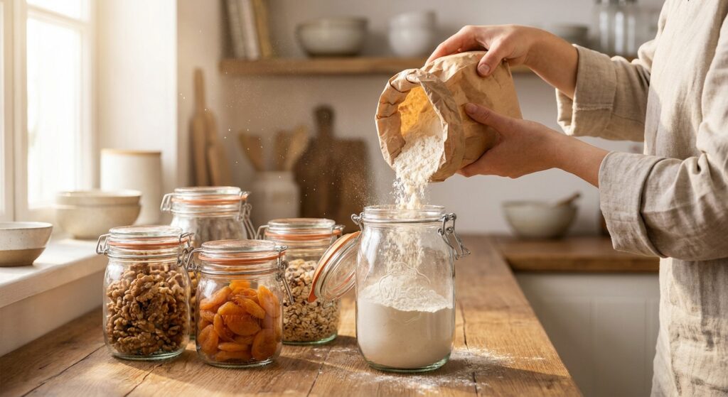 Hände füllen Mehl in ein Vorratsglas mit Bügelverschluss, daneben geschlossene Gläser mit Nüssen und Trockenobst