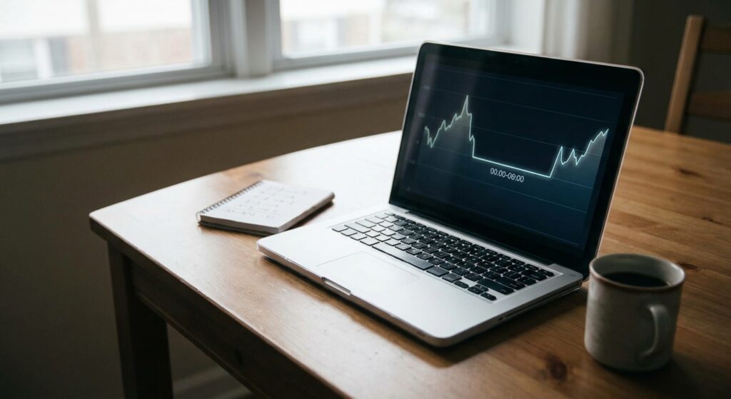 Laptop zeigt eine Verbrauchskurve mit gleichbleibender Grundlast während der Nachtstunden.