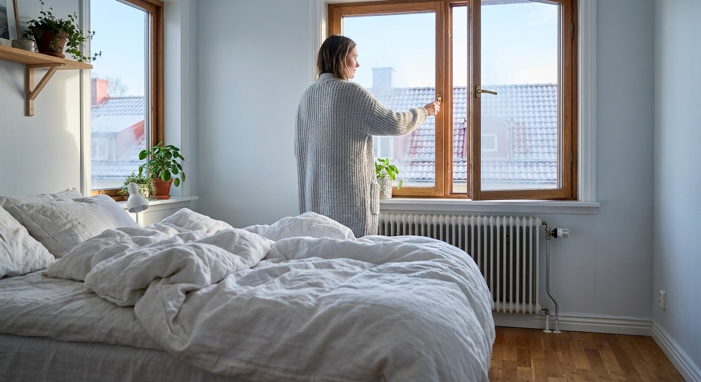Frau öffnet im Winter morgens das Schlafzimmerfenster weit, die Bettdecke ist zum Auslüften zurückgeschlagen
