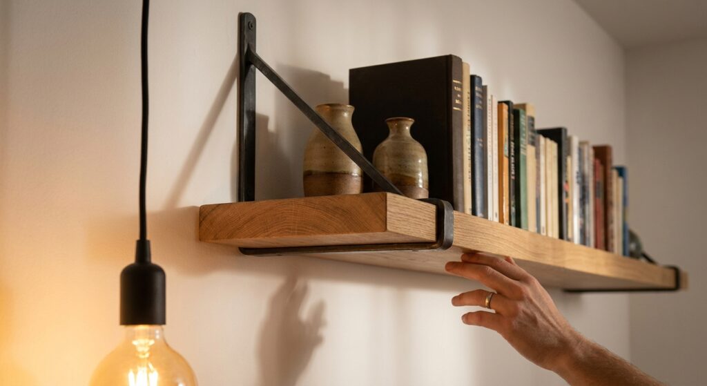 Wandregal aus Eiche mit gebundenen Büchern, Blick von unten auf die obere Befestigung