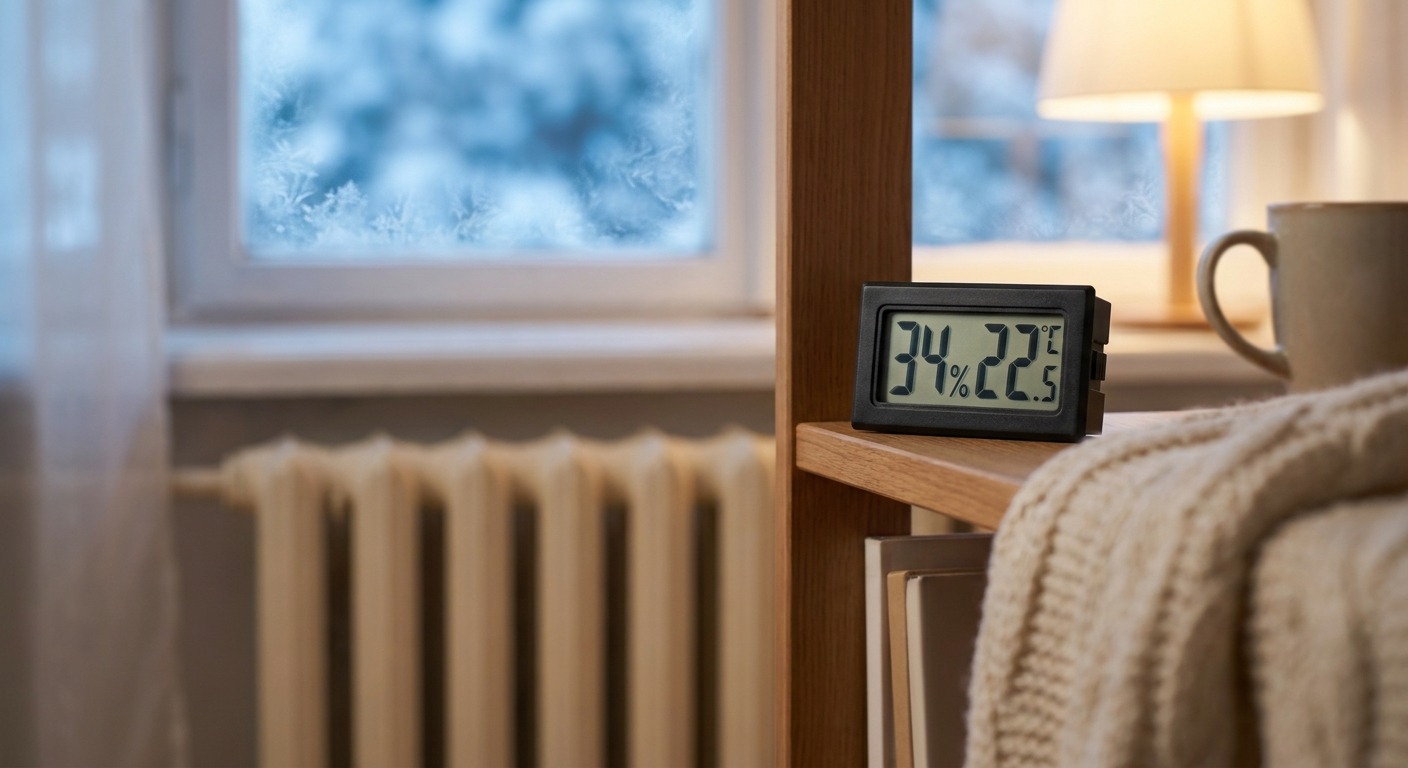 Hygrometer im Wohnzimmer zeigt 34 Prozent Luftfeuchtigkeit bei 22,5 Grad Digitales Hygrometer im Bücherregal zeigt 34 Prozent Luftfeuchtigkeit und 22,5 Grad, im Hintergrund ein Heizkörper am Fenster bei trockener Heizungsluft