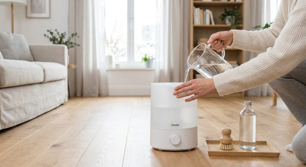 Person befüllt den Wassertank eines weißen Luftbefeuchters, der frei im Raum steht, daneben Reinigungsbürste und Entkalker