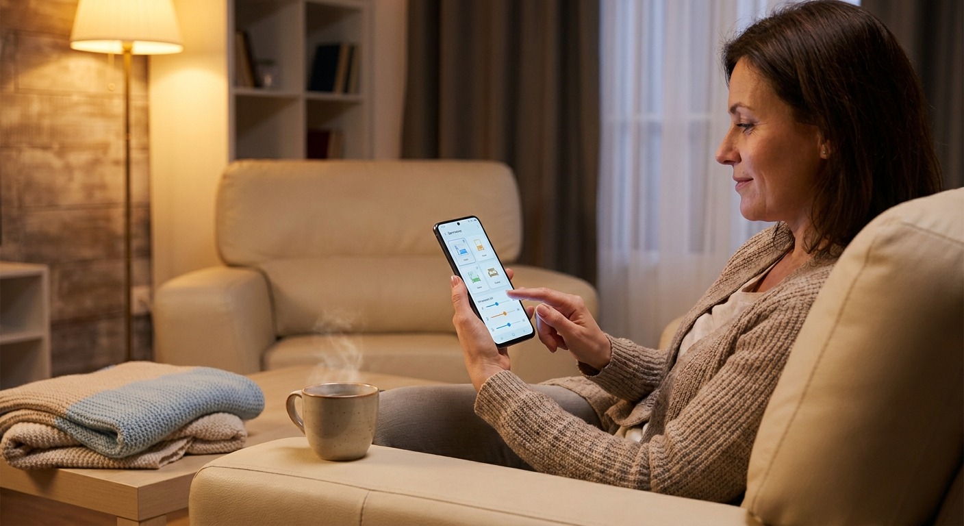 Frau auf dem Sofa richtet am Smartphone einen Wochenplan mit unterschiedlichen Temperaturen für mehrere Räume ein