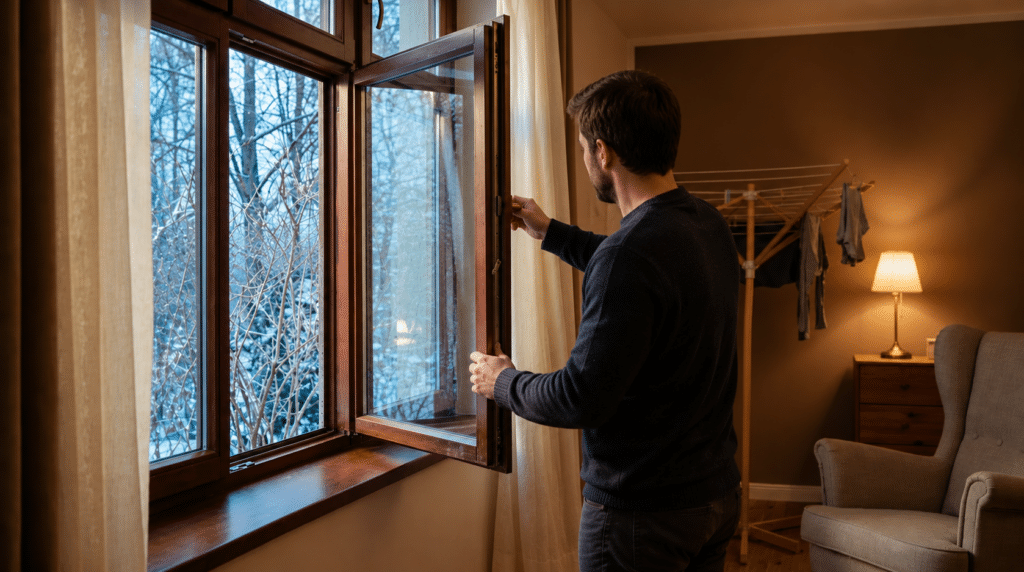 Person öffnet ein Fenster weit zum Stoßlüften, im Hintergrund steht ein Wäscheständer