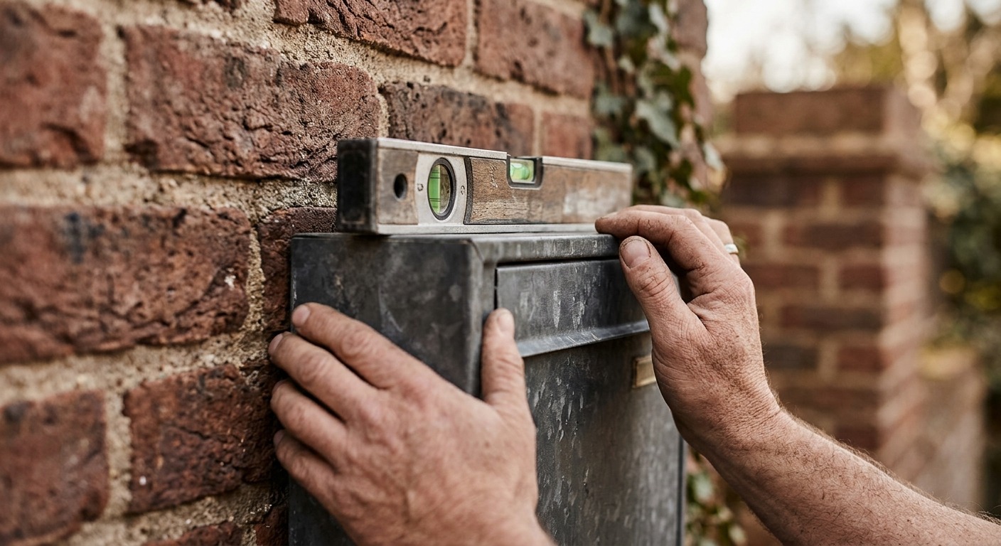 Hände drücken einen Briefkasten an eine Klinkerwand, darauf liegt eine Wasserwaage