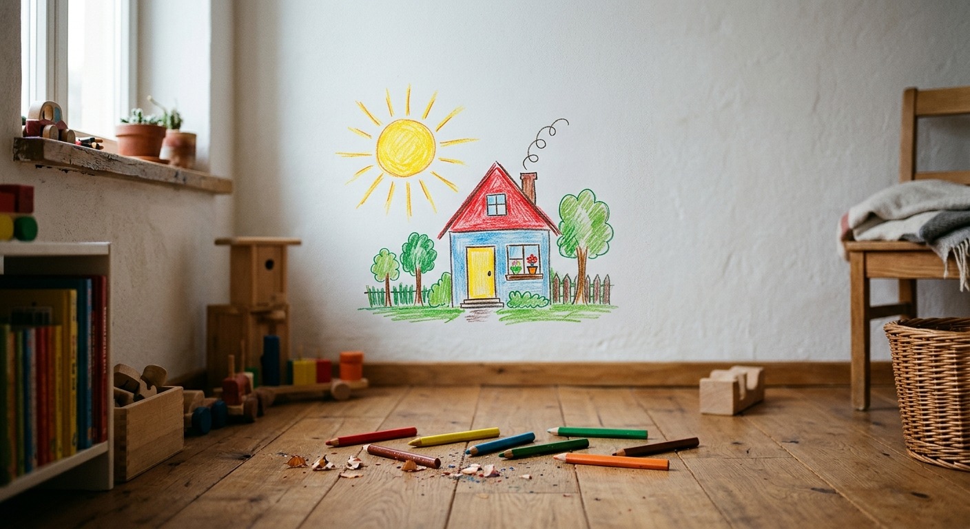 Kinderzeichnung mit Buntstift an heller Wand, darunter Stifte auf dem Holzboden, Tageslicht