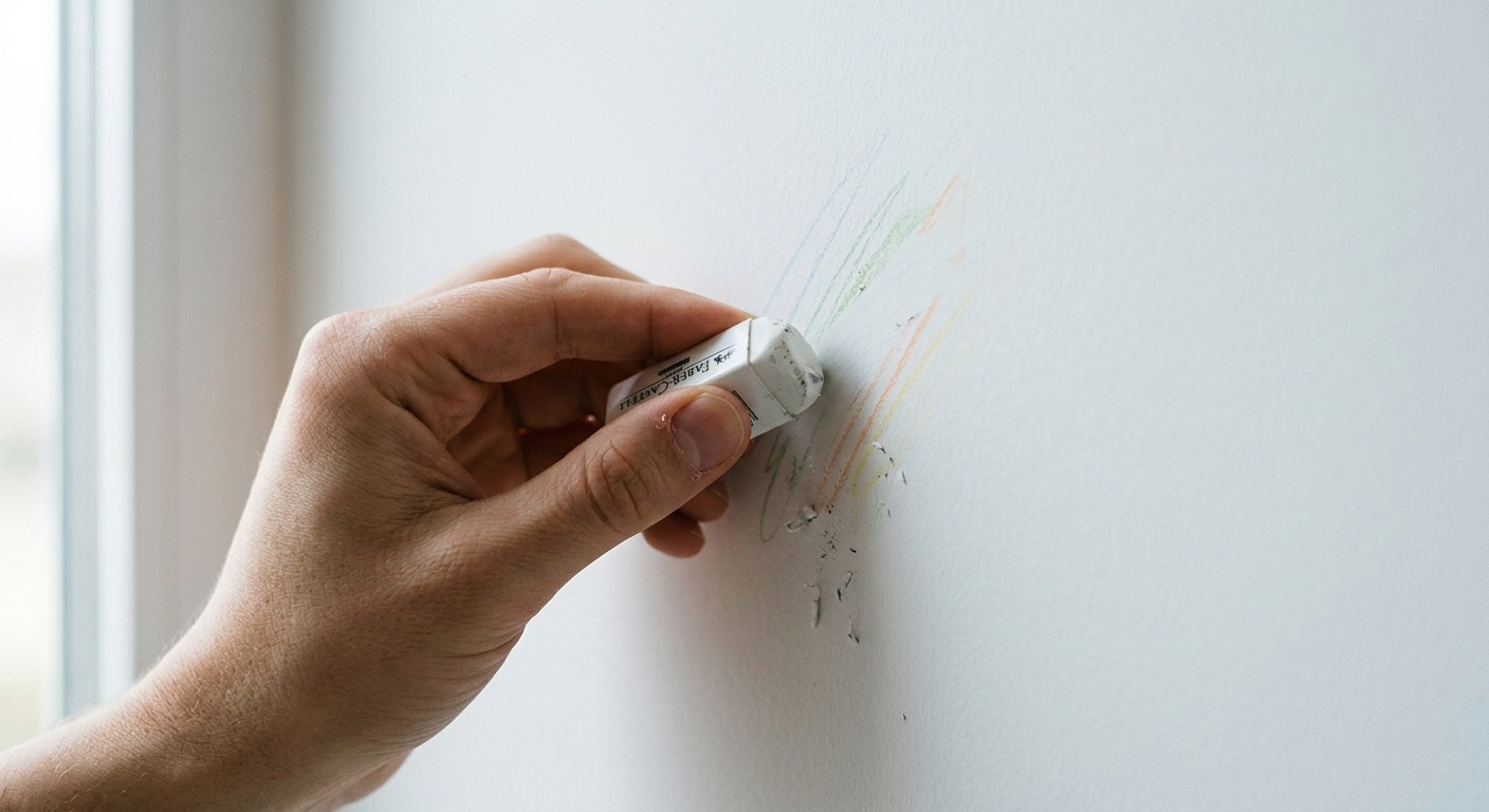 Hand radiert mit weißem Radiergummi Buntstiftlinien von einer glatten Wand, seitliches Licht