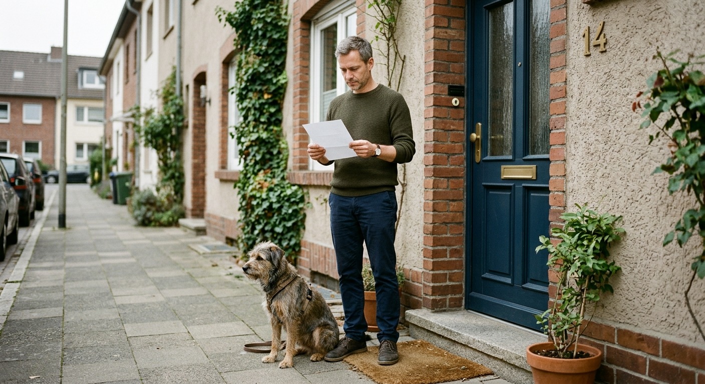 Mann liest vor der Haustür einen Brief vom Ordnungsamt wegen Hundegebell, neben ihm sitzt ein Hund, bedecktes Tageslicht