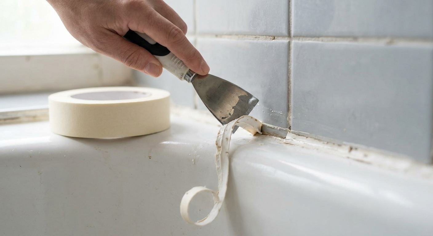 Hand führt einen Fugenkratzer an einer alten Silikonfuge entlang, ein Silikonstreifen löst sich in einem Stück