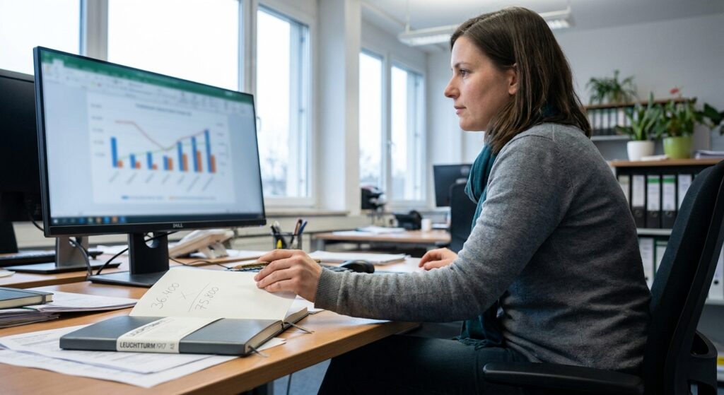 Frau am Schreibtisch notiert zwei Zahlen in ein Notizbuch, im Hintergrund ein Monitor mit Diagramm