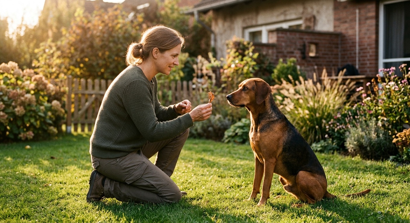 Frau übt im Garten mit ihrem Hund, warmes Nachmittagslicht