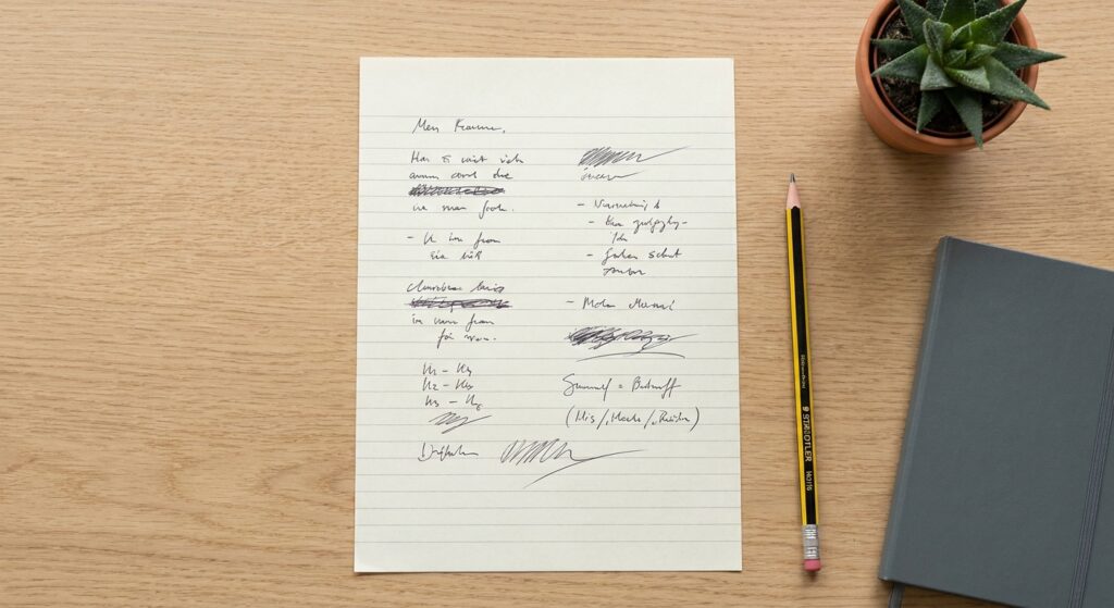 Blatt Papier mit handschriftlicher Liste auf einem Holztisch, daneben Bleistift, Notizbuch und eine kleine Pflanze