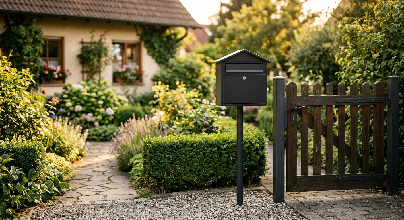 Schwarzer Briefkasten auf einem Metallpfosten an der Gartenpforte, Nachmittagssonne