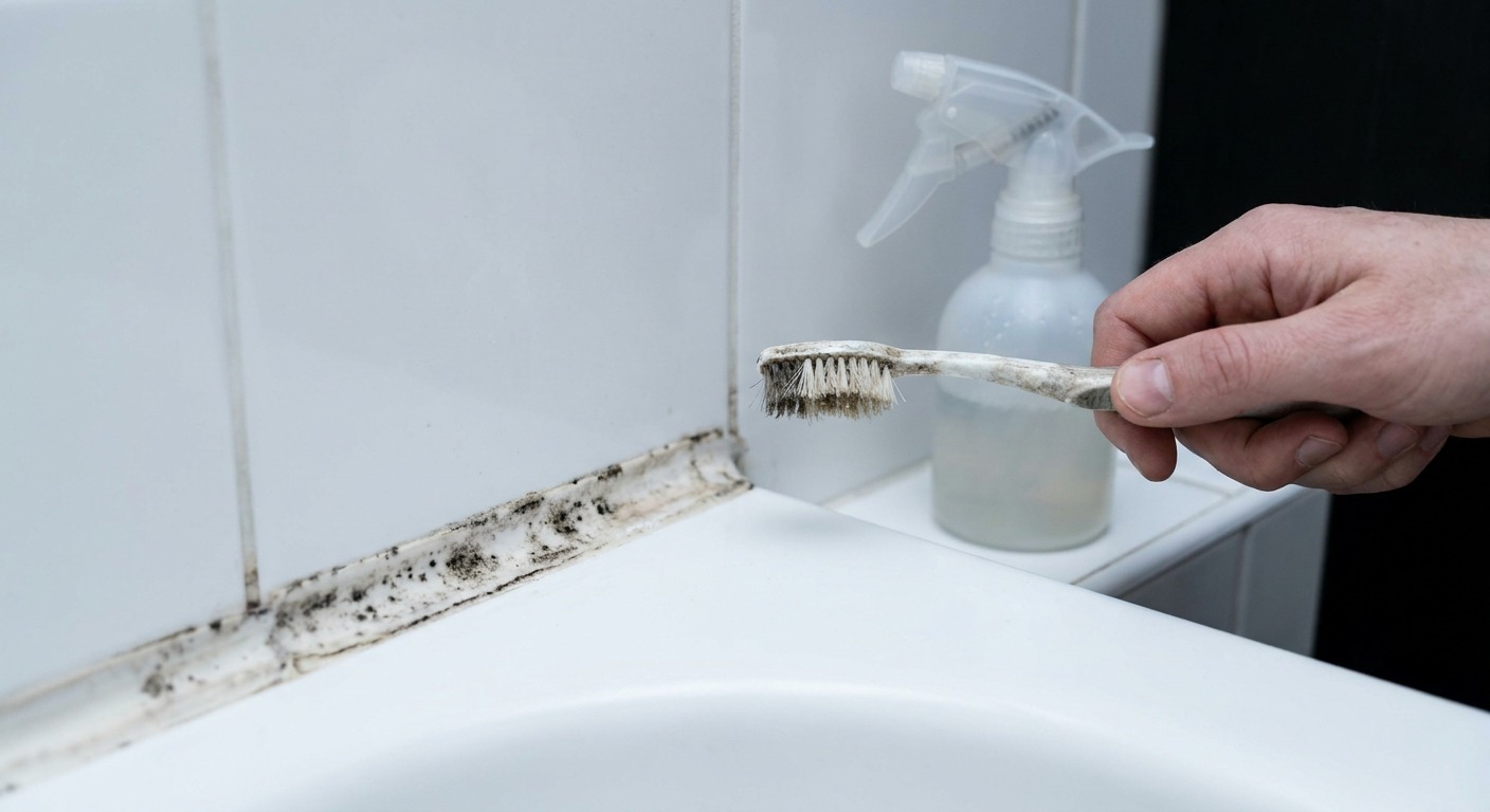 Alte Silikonfuge an der Badewanne mit dunklen Flecken, die sich nur durch Erneuern der Silikonfuge retten lässt